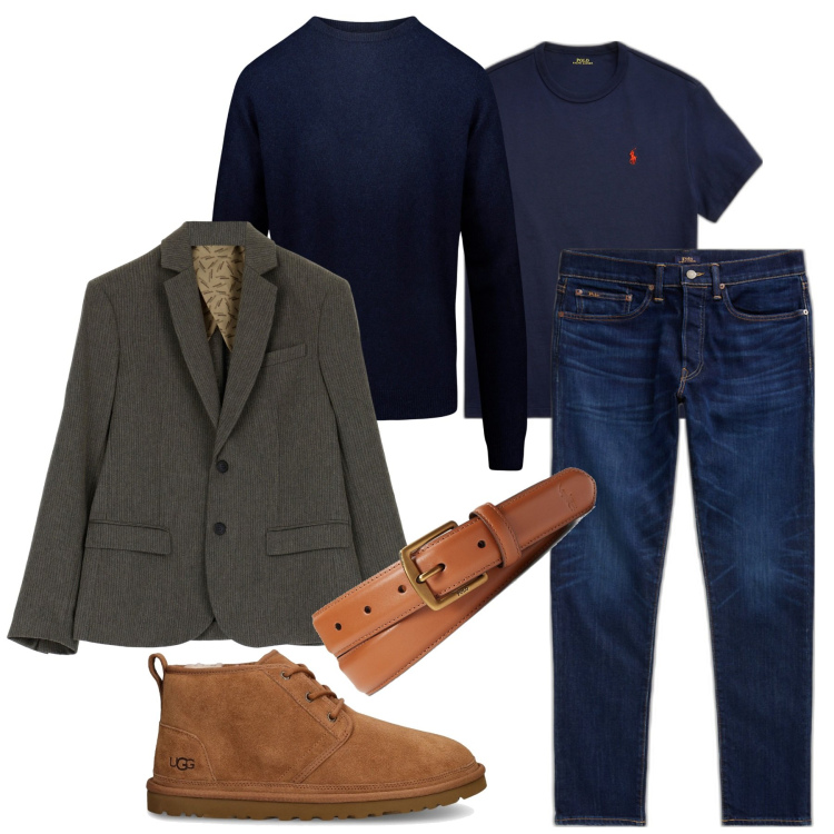 Outfit uomo - Inverno - il fascino della giacca. Stile Trendy per Serata speciale. Abbinamento con giacche, cinture, t-shirt, jeans, maglieria, scarpe stringate.
