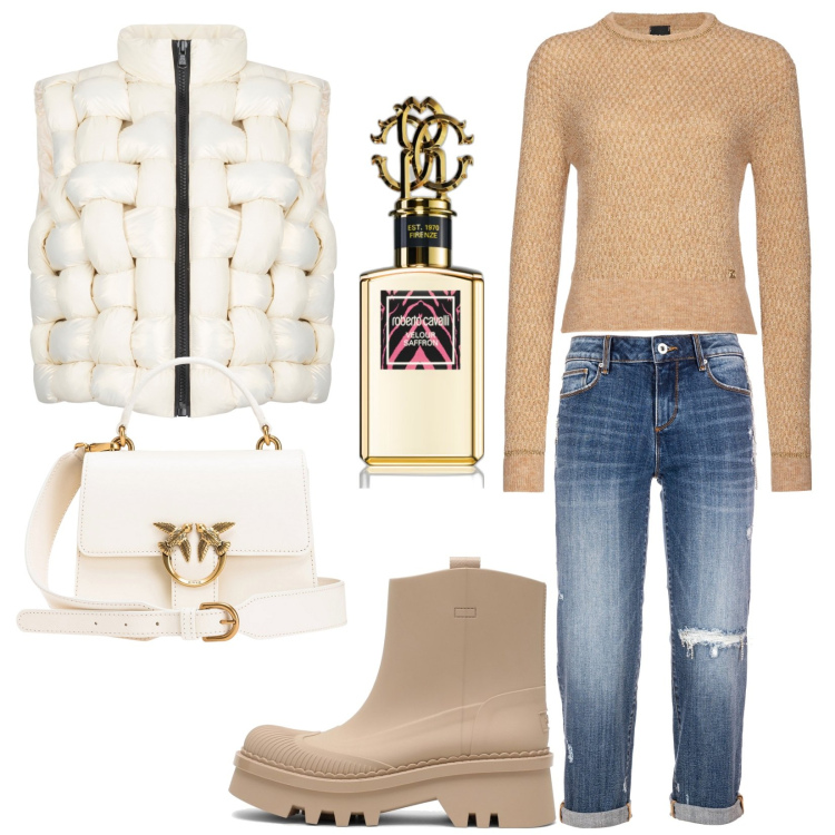 Outfit donna - Total look #1799499. Stile Urban per Tutti i giorni. Abbinamento con profumi, borse a tracolla, pullovers, jeans strappati, piumini, stivaletti.