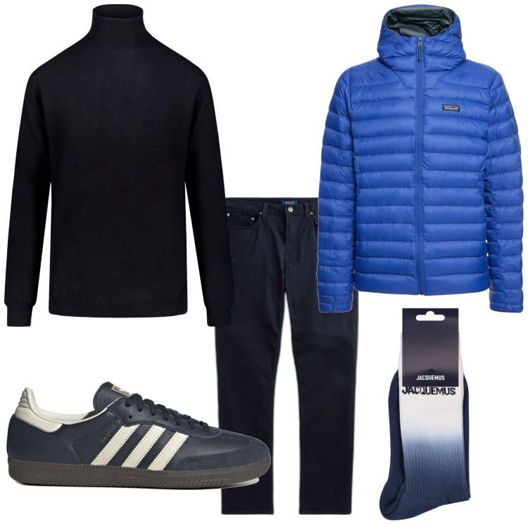 Outfit uomo - Blue. Stile Urban per Tutti i giorni. Abbinamento con pantaloni, maglieria, sneakers, calzini, piumini.