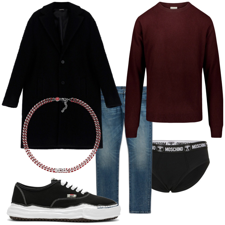 Outfit uomo - Il cappotto. Stile Urban per Tutti i giorni. Abbinamento con cappotti, jeans, maglieria, sneakers, collane, slip.