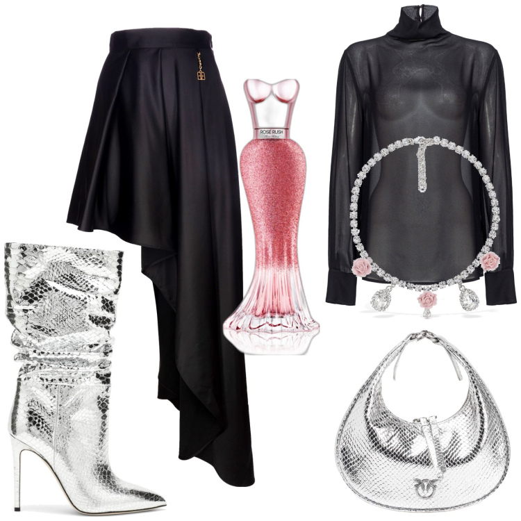 Outfit donna - SexyGlam. Stile Glamour per Serata fuori. Abbinamento con profumi, borse a spalla, bluse, gonne lunghe, collane, stivali.