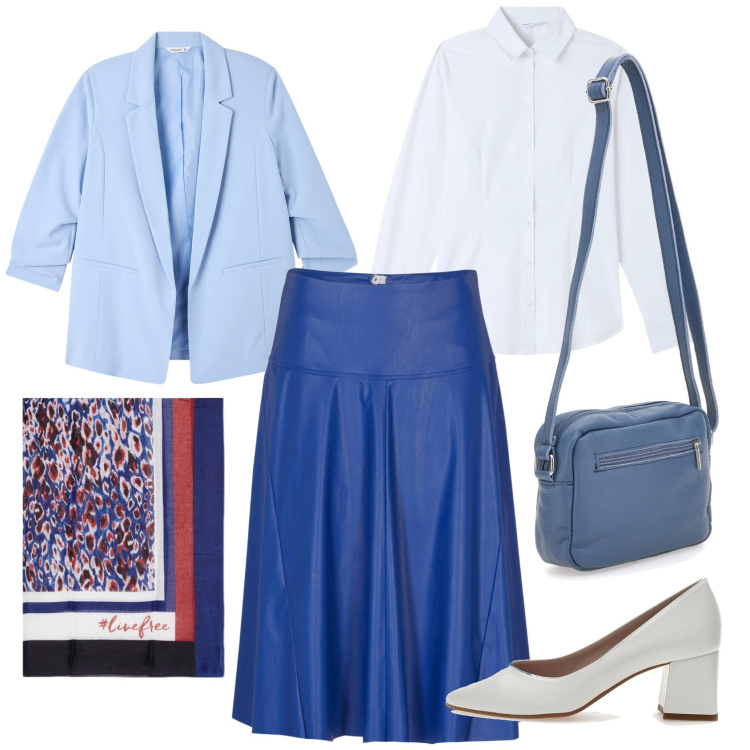 Outfit donna - Il blue. Stile Chic per Ufficio. Abbinamento con gonne longuette, camicie, blazer, décolleté, borse a tracolla, sciarpe.