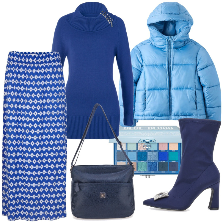 Outfit donna - Che giornata.... Stile Casual chic per Ufficio. Abbinamento con gonne lunghe, maglieria, ombretti, piumini, borse a tracolla, stivaletti.
