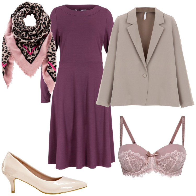 Outfit donna - Ufficio. Stile Casual per Ufficio. Abbinamento con foulard, vestiti midi/longuette, décolleté, reggiseni a balconcino, cappotti.