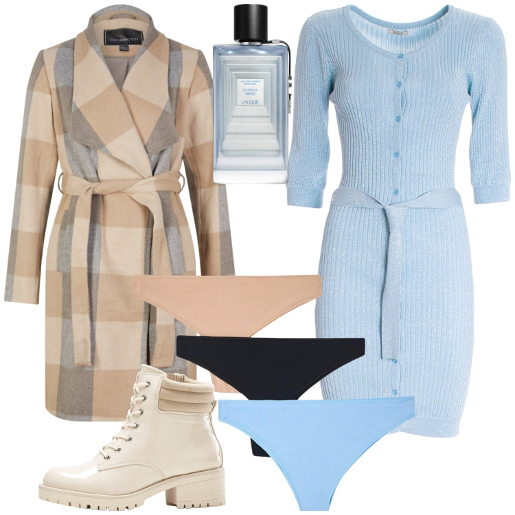 Outfit donna - Total look #1799545. Stile Casual per Tutti i giorni. Abbinamento con cappotti, stivaletti, profumi, slip, vestiti.