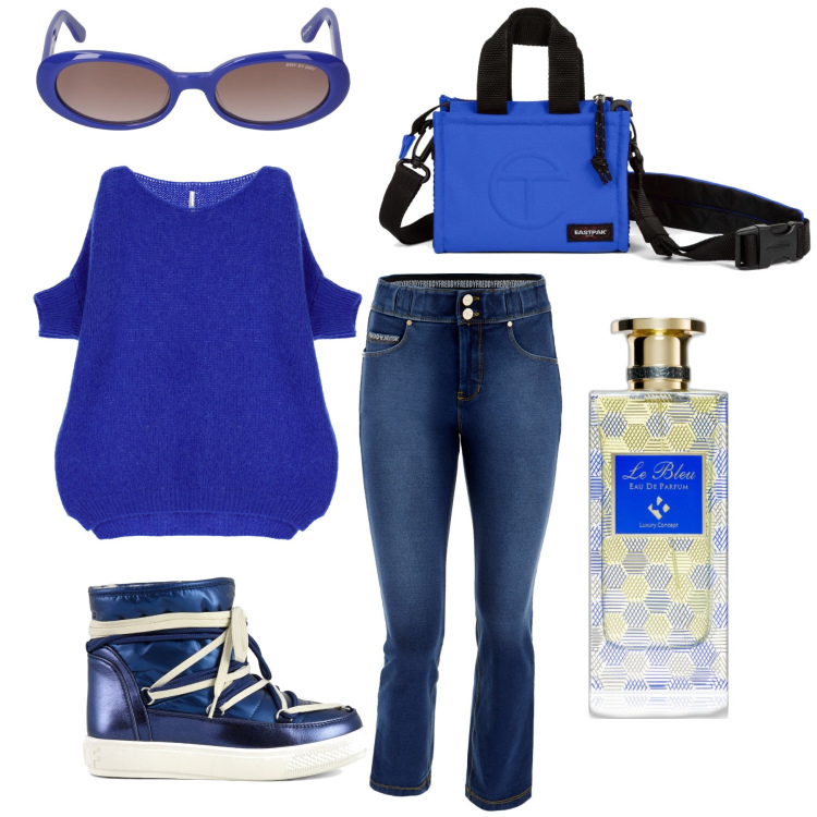 Outfit donna - Casual Blue Monday. Stile Casual per Tutti i giorni. Abbinamento con profumi, pullovers, pantaloni, stivali da neve, occhiali da sole, shopping bag.