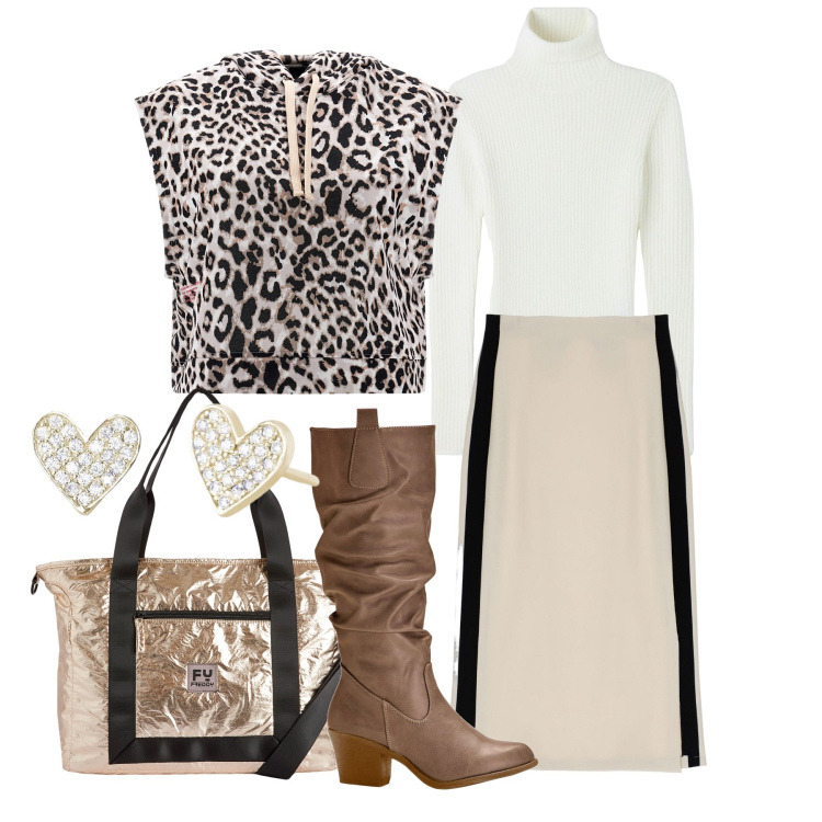 Outfit donna - Inverno - coordinato animalier. Stile Urban per Tutti i giorni. Abbinamento con stivali, maglieria, orecchini, gonne longuette, felpe con cappuccio, borse tote.