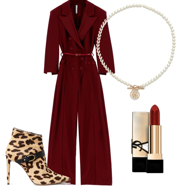 Outfit donna - Aggressiva. Stile Glamour per Serata fuori. Abbinamento con rossetti, tute, ciondoli, stivaletti.