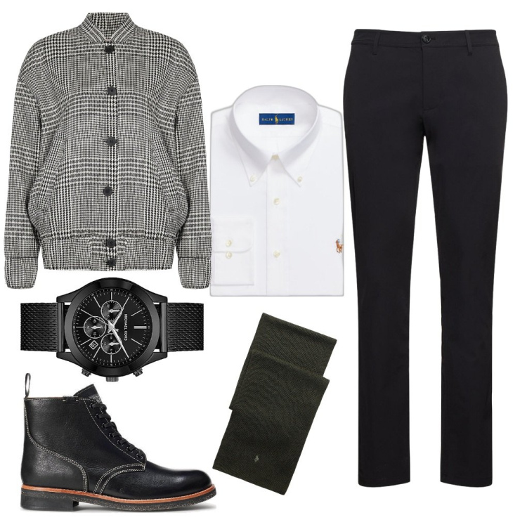 Outfit uomo - Un giubbino per l\'ufficio. Stile Casual per Ufficio. Abbinamento con bomber, camicie, stivali, sciarpe, orologi, pantaloni.