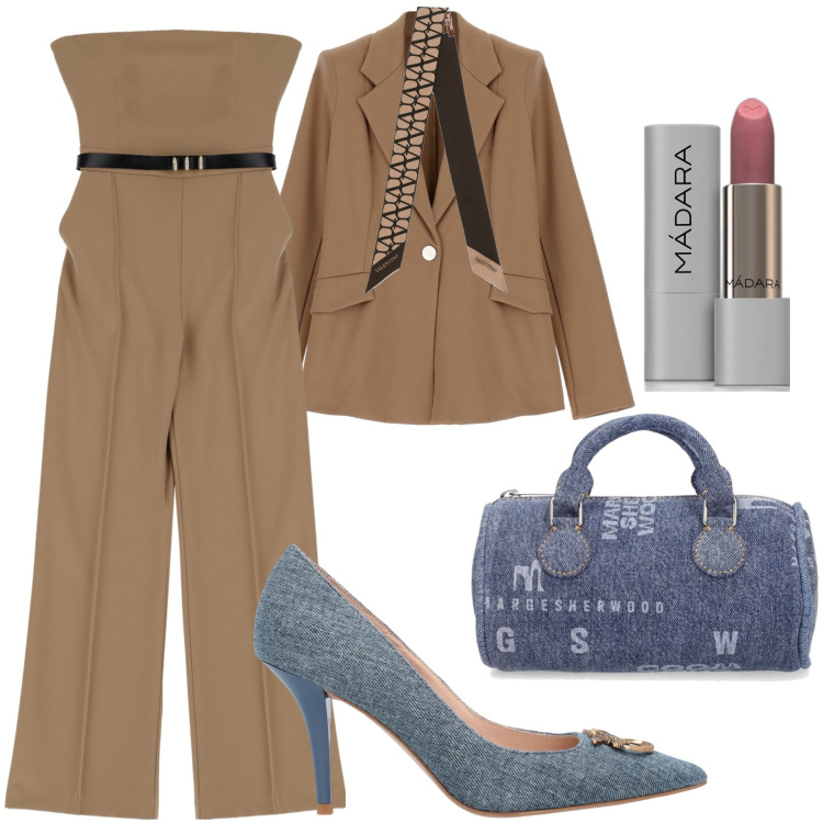 Outfit donna - Decolté e borsa effetto denim. Stile Trendy per Tutti i giorni. Abbinamento con rossetti, décolleté, tute, blazer, borse a mano, foulard.