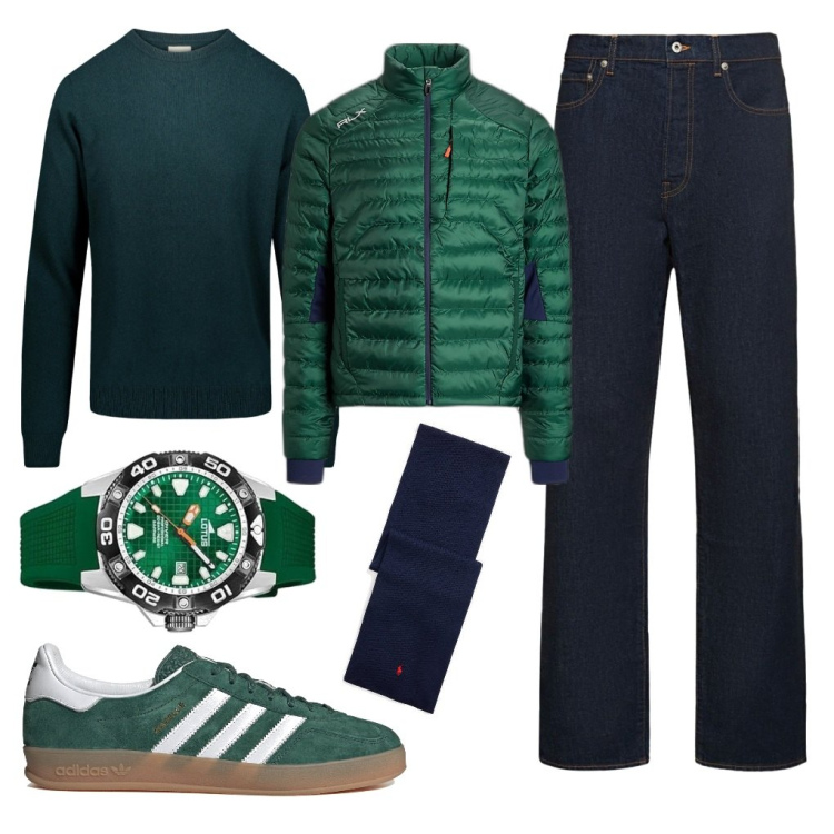 Outfit uomo - Verde & blu. Stile Trendy per Tutti i giorni. Abbinamento con cappotti, sciarpe, maglieria, jeans dritti, orologi analogici, sneakers.