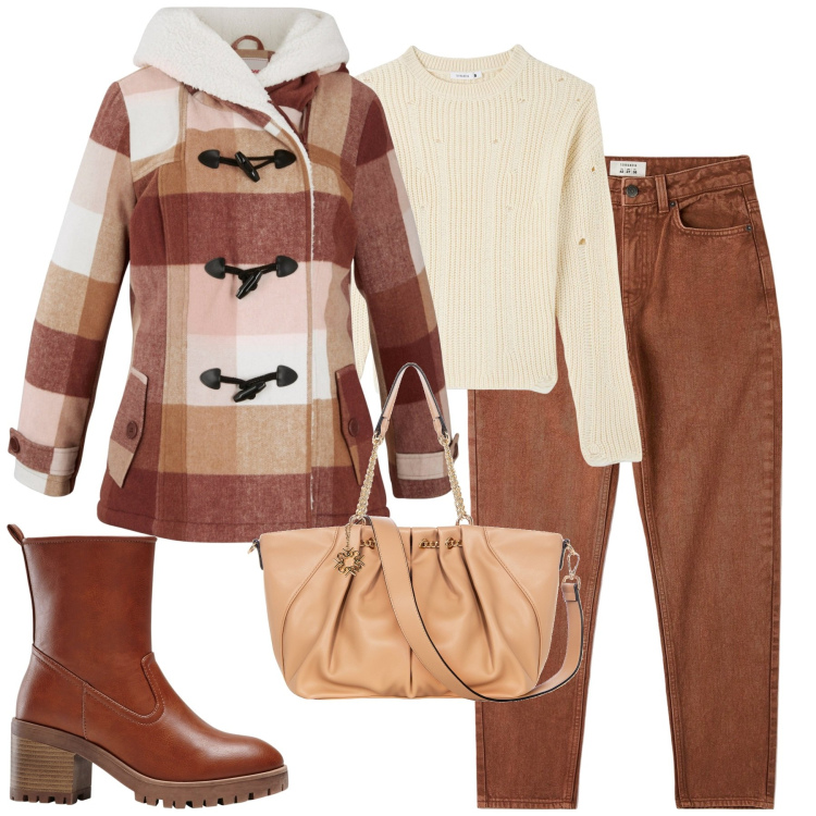 Outfit donna - City. Stile Casual chic per Tutti i giorni. Abbinamento con stivaletti, cappotti, jeans mom, maglieria, borse a spalla.