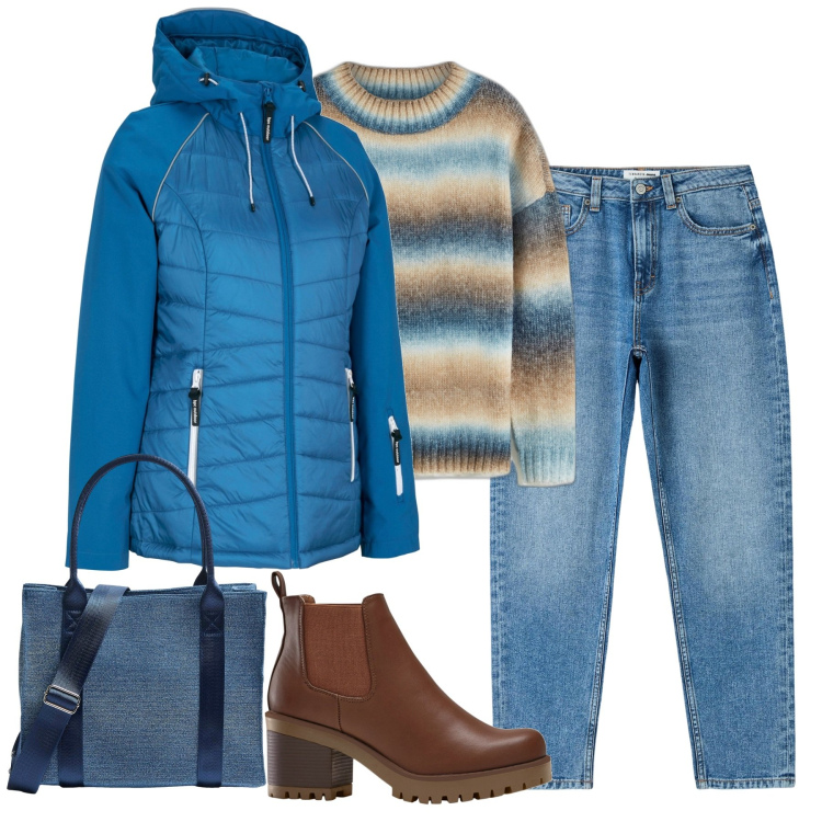 Outfit donna - Giornata fredda. Stile Basic per Tutti i giorni. Abbinamento con stivaletti chelsea, maglieria, blazer, jeans mom, shopping bag.