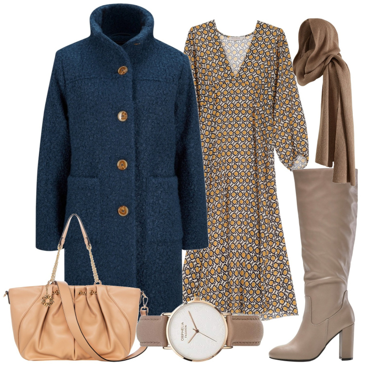 Outfit donna - City. Stile Casual chic per Tutti i giorni. Abbinamento con cappotti, sciarpe, stivali sopra il ginocchio, borse a spalla, vestiti midi/longuette, orologi analogici.