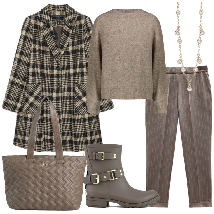 Outfit donna - Freddo e pioggia. Stile Casual per Tutti i giorni. Abbinamento con borse a spalla, collane, maglieria, stivali, cappotti, pantaloni.