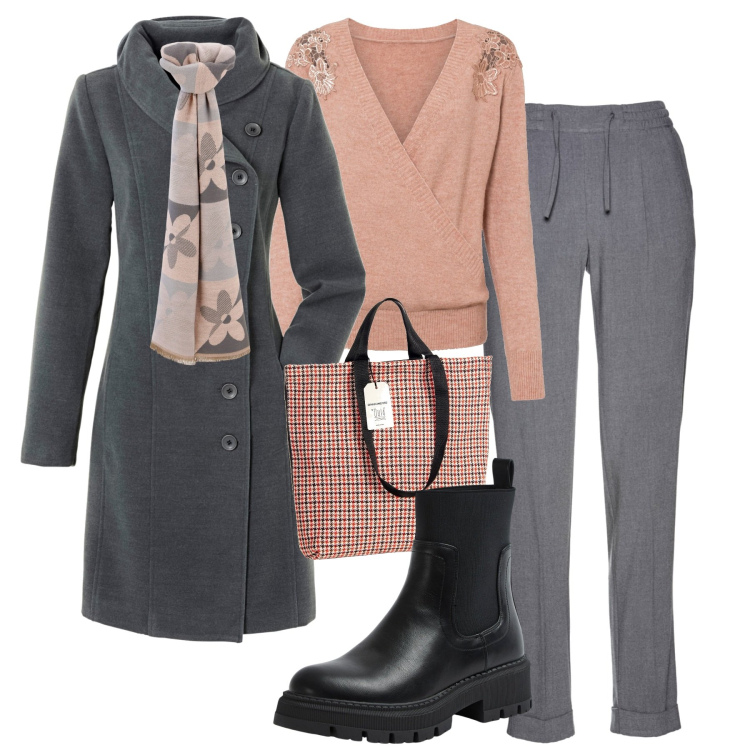 Outfit donna - City. Stile Casual chic per Tutti i giorni. Abbinamento con pantaloni, cappotti, maglieria, stivali sopra il ginocchio, borse tote, sciarpe.