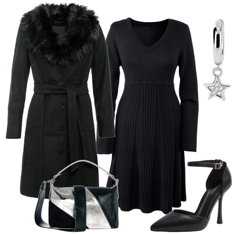 Outfit donna - A cena. Stile Chic per Serata fuori. Abbinamento con vestiti, cappotti, décolleté, orecchini, borse a mano.