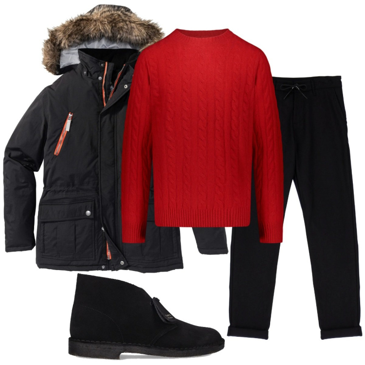 Outfit uomo - Total look #1799617. Stile Casual per Ufficio. Abbinamento con parka, pantaloni, stivali, maglieria.