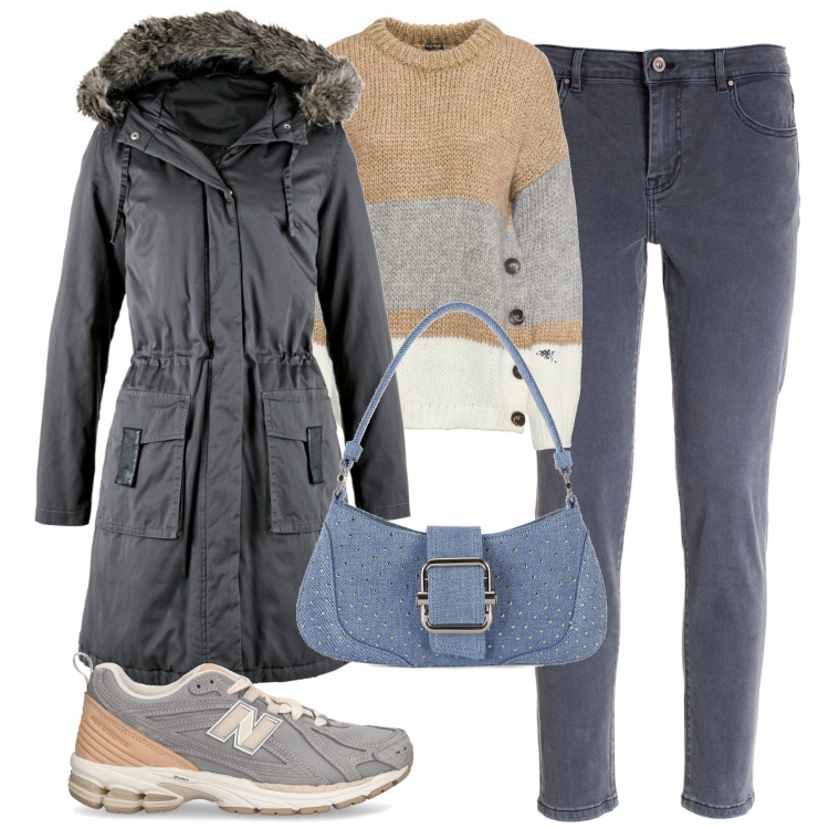 Outfit donna - City. Stile Casual chic per Tutti i giorni. Abbinamento con maglieria, parka, jeans skinny, sneakers, borse a spalla.