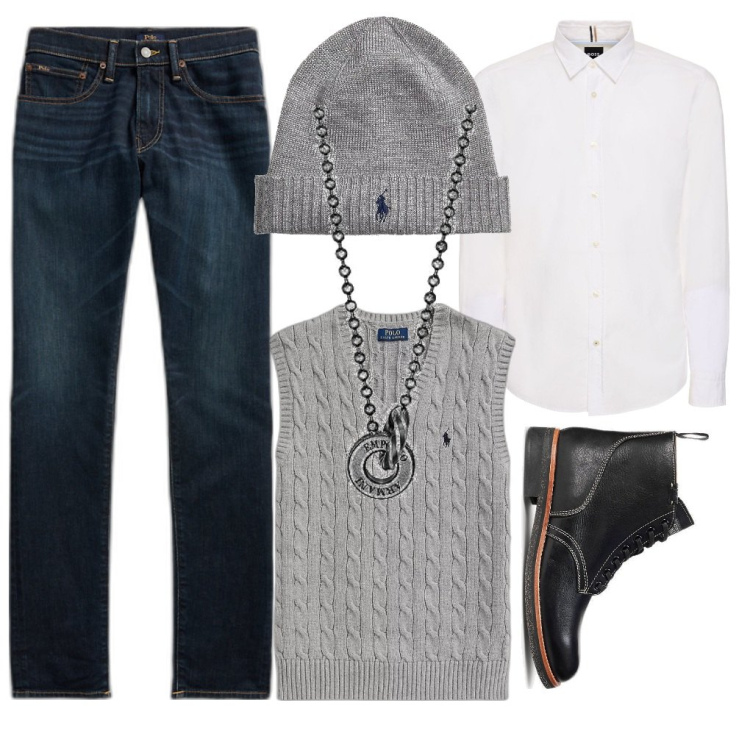 Outfit uomo - Gilet & camicia bianca. Stile Trendy per Tutti i giorni. Abbinamento con berretti, jeans skinny, stivali, maglieria, collane, camicie.