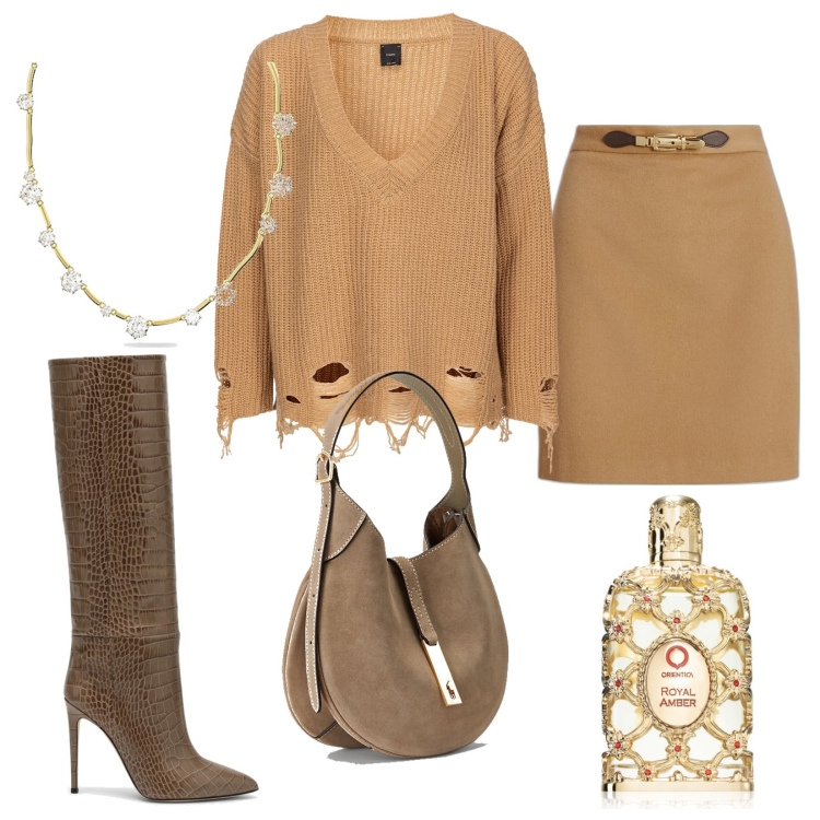 Outfit donna - Stilosa. Stile Trendy per Serata fuori. Abbinamento con profumi, pullovers, gonne, borse a spalla, stivali, collane.