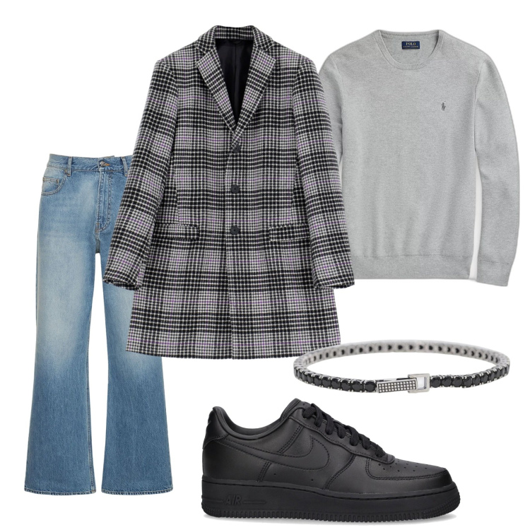 Outfit uomo - Total look #1799672. Stile Casual per Tutti i giorni. Abbinamento con braccialetti, cappotti, maglieria, sneakers, jeans bootcut.