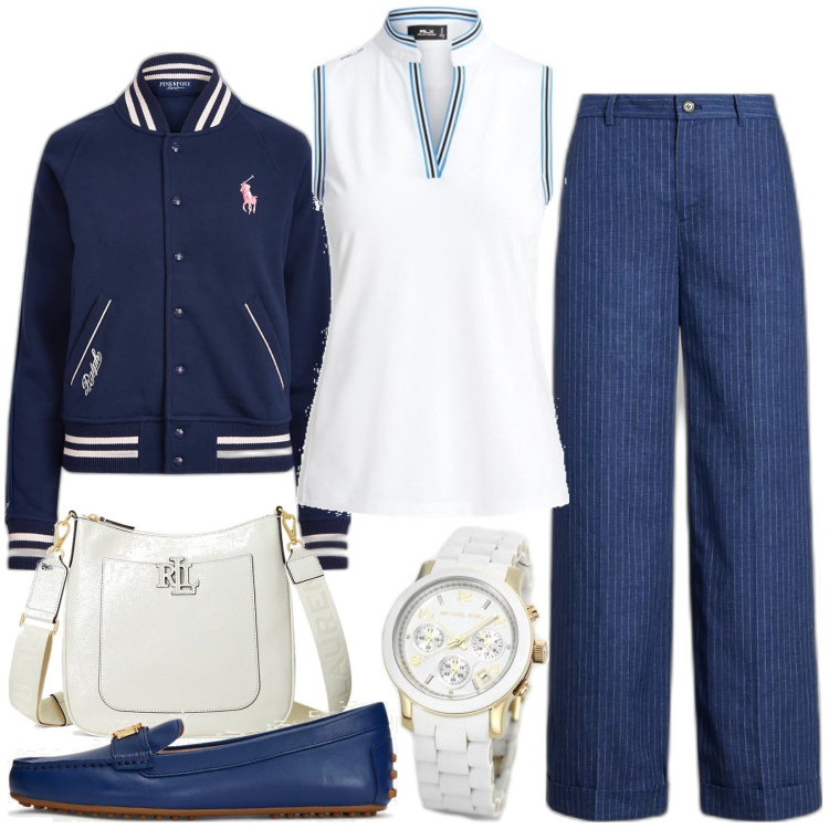 Outfit donna - Semplicità. Stile Casual per Tutti i giorni. Abbinamento con mocassini, borse a tracolla, pantaloni, cappotti, camicie, orologi.