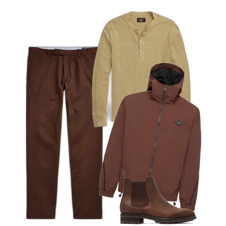 Outfit uomo - Cacao. Stile Casual per Tutti i giorni. Abbinamento con pantaloni chino, t-shirt, stivali e stivaletti, giacche.