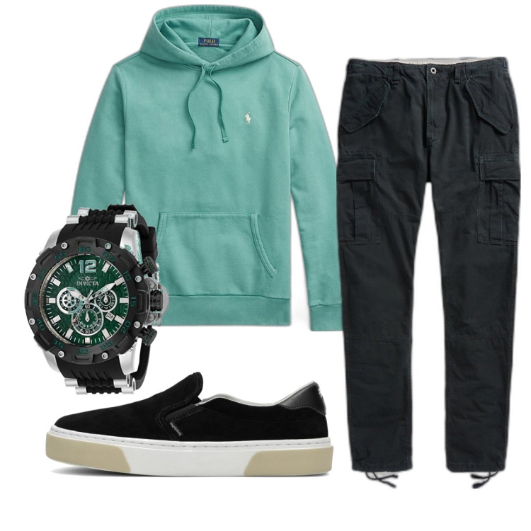 Outfit uomo - Total look #1799681. Stile Casual per Tutti i giorni. Abbinamento con felpe con cappuccio, pantaloni cargo, orologi, sneakers.