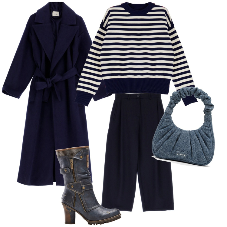 Outfit donna - Nel blu dipinto di blu. Stile Minimal per Tutti i giorni. Abbinamento con stivali, pantaloni culotte, cappotti, pullovers, borse a mano.