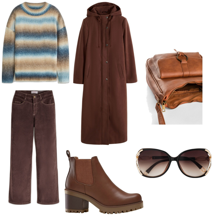 Outfit donna - Freddo e bonprix. Stile Casual per Serata fuori. Abbinamento con stivaletti chelsea, borse a tracolla, occhiali da sole, pantaloni, cappotti, maglieria.