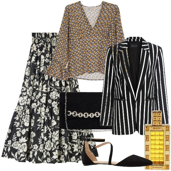 Outfit donna - Un mix chic. Stile Chic per Cerimonia. Abbinamento con blazer, ballerine, profumi, gonne lunghe, pochette, camicie.