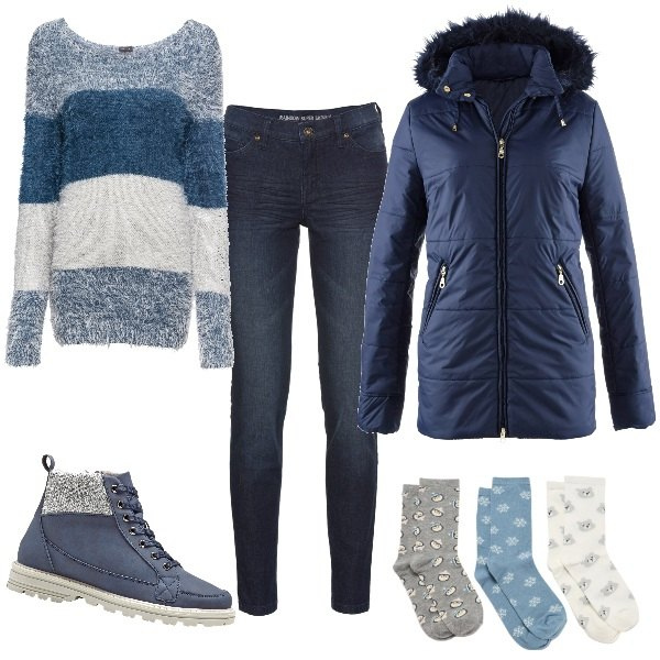 Outfit donna - Blue Monday for teen. Stile Basic per Scuola/Università. Abbinamento con jeans skinny, stivaletti, maglieria, cappotti, calzini.