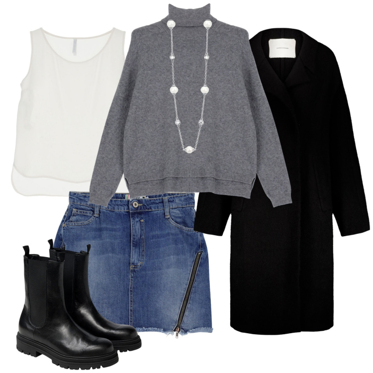 Outfit donna - Giovane sempre. Stile Casual per Tutti i giorni. Abbinamento con collane, minigonne, maglieria, canottiere, cappotti, stivaletti chelsea.