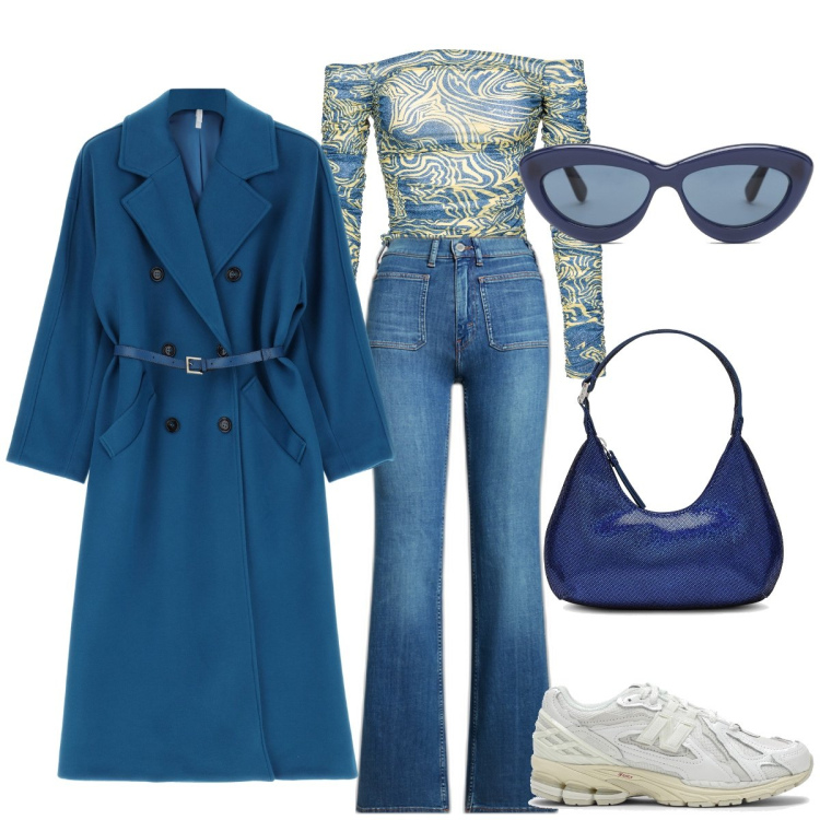 Outfit donna - Blue Monday. Stile Casual chic per Scuola/Università. Abbinamento con top, cappotti, jeans bootcut, sneakers, occhiali da sole, borse a spalla.