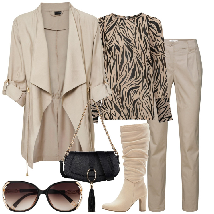 Outfit donna - City. Stile Casual chic per Tutti i giorni. Abbinamento con pantaloni chino, occhiali da sole, bluse, blazer, stivali sopra il ginocchio, borse a spalla.