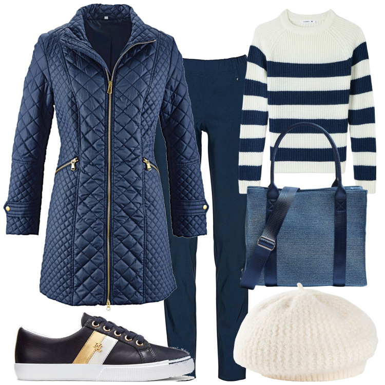 Outfit donna - City. Stile Basic per Tutti i giorni. Abbinamento con blazer, pantaloni, cappelli e berretti, maglieria, shopping bag, sneakers.