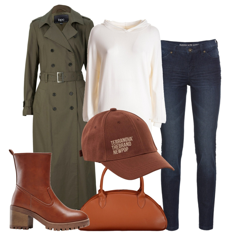 Outfit donna - City. Stile Casual chic per Tutti i giorni. Abbinamento con stivaletti, jeans skinny, trench, cappelli, maglieria, borse a spalla.