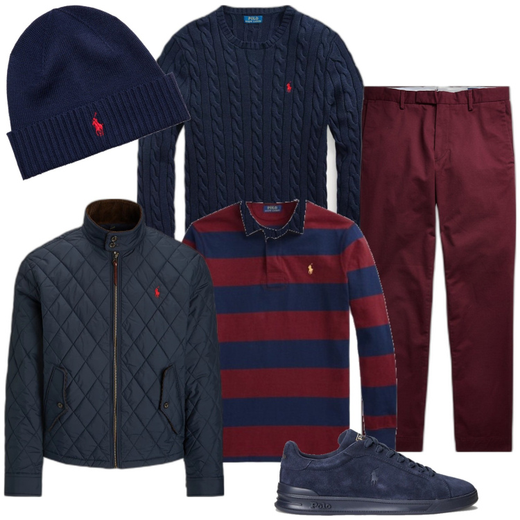 Outfit uomo - Polo, pullover e trapunta. Stile Trendy per Ufficio. Abbinamento con berretti, maglieria, maglieria, pantaloni chino, cappotti, sneakers.