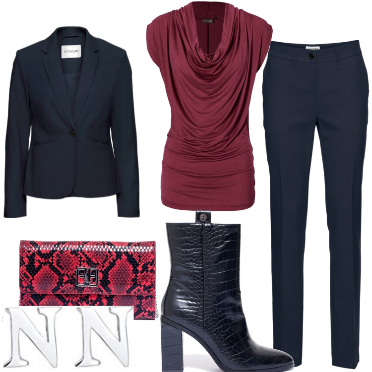 Outfit donna - Total look #1799779. Stile Casual chic per Ufficio. Abbinamento con pantaloni, blazer, maglieria, stivaletti, pochette, orecchini.