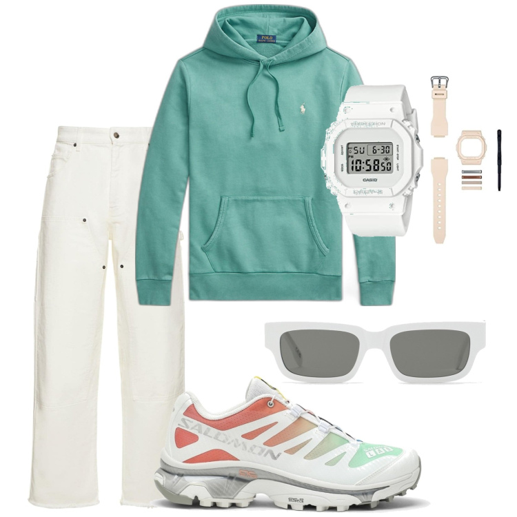 Outfit uomo - Allegro inverno. Stile Urban per Tutti i giorni. Abbinamento con felpe con cappuccio, orologi digitali, occhiali da sole, jeans, sneakers.