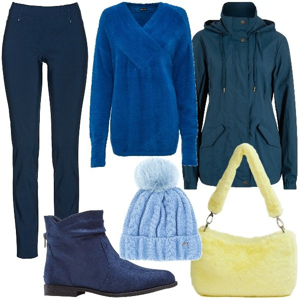 Outfit donna - Blue Monday. Stile Glamour per Serata fuori. Abbinamento con pantaloni, blazer, stivaletti, maglieria, borse a spalla, berretti.