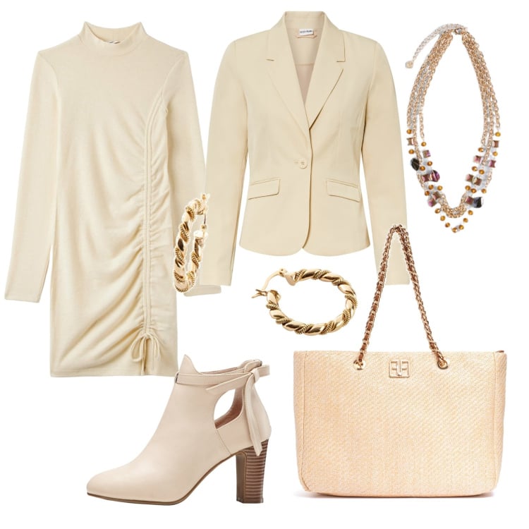 Outfit donna - Trendy in beige. Stile Trendy per Cerimonia. Abbinamento con blazer, stivaletti, orecchini, vestiti corti, borse a spalla, collane.