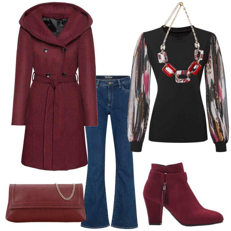 Outfit donna - Bordeaux. Stile Casual per Serata fuori. Abbinamento con cappotti, maglieria, stivaletti, jeans bootcut, pochette, collane.