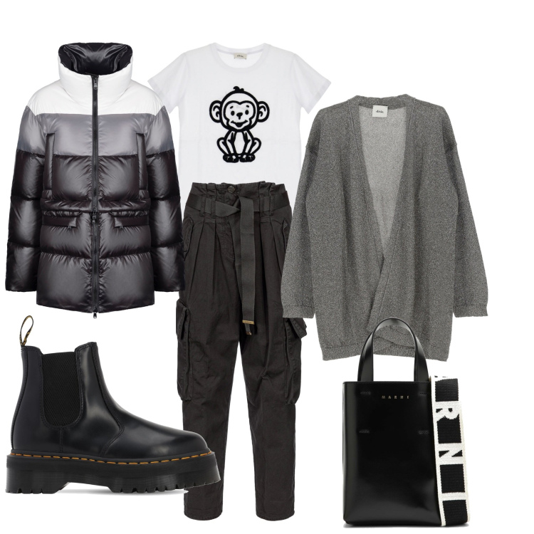 Outfit donna - Total look #1799818. Stile Casual per Ufficio. Abbinamento con pantaloni cargo, piumini, t-shirt, cardigans, stivaletti chelsea, borse tote.