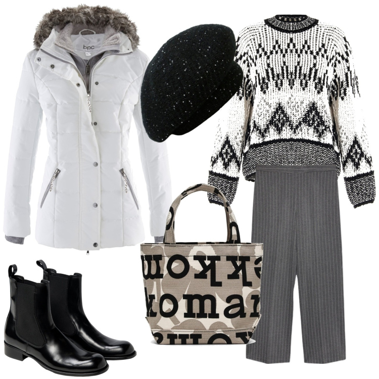 Outfit donna - Giornate fredde. Stile Casual chic per Serata fuori. Abbinamento con piumini, maglieria, cappelli e berretti, stivaletti chelsea, pantaloni, borse tote.
