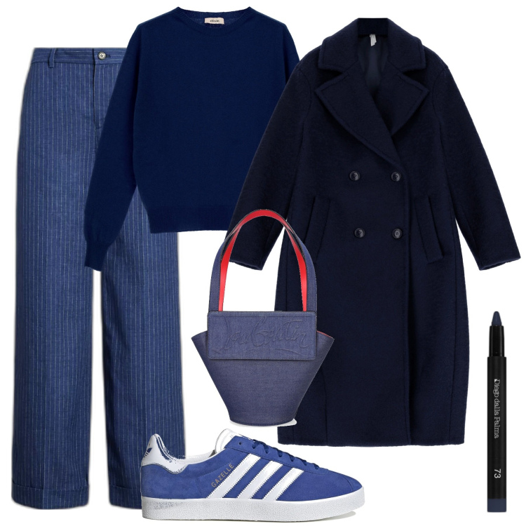 Outfit donna - Serata Blue monday. Stile Chic per Serata fuori. Abbinamento con ombretti, cappotti, pantaloni, pullovers, sneakers, shopping bag.