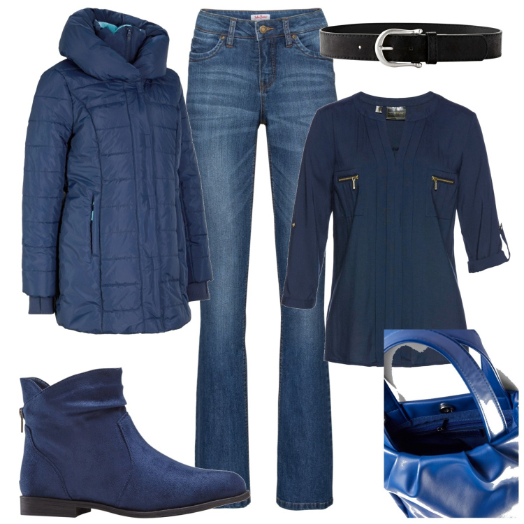 Outfit donna - Blue curvy Bonprix. Stile Casual chic per Tutti i giorni. Abbinamento con jeans bootcut, stivaletti, cinture, tuniche, cappotti, borse a mano.