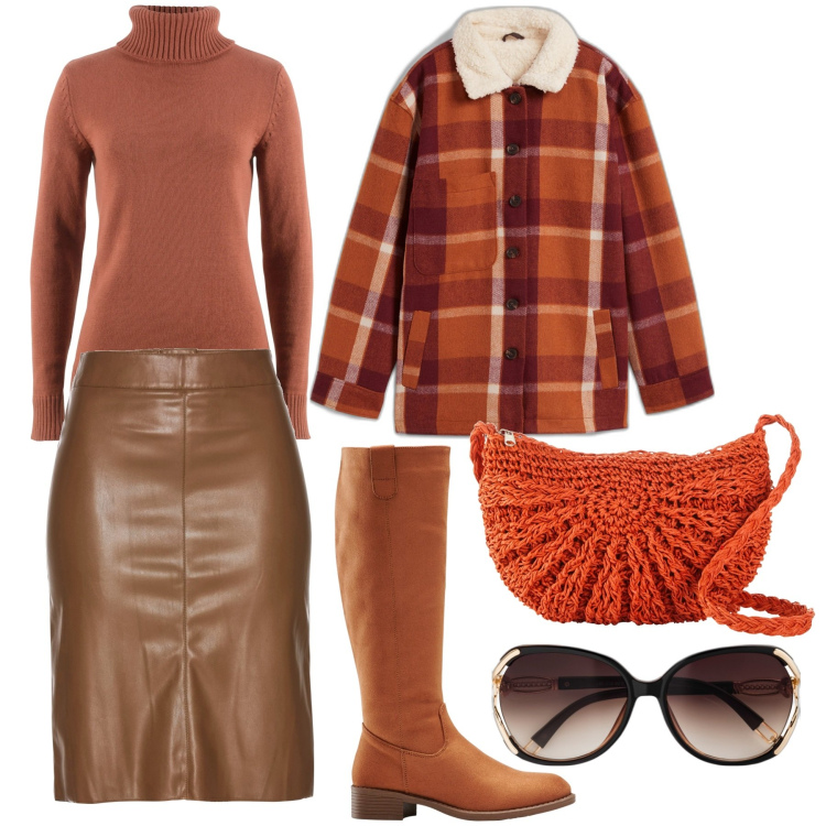 Outfit donna - Bonprix Total curvy. Stile Casual chic per Tutti i giorni. Abbinamento con occhiali da sole, stivali, maglieria, borse a tracolla, gonne longuette, blazer.