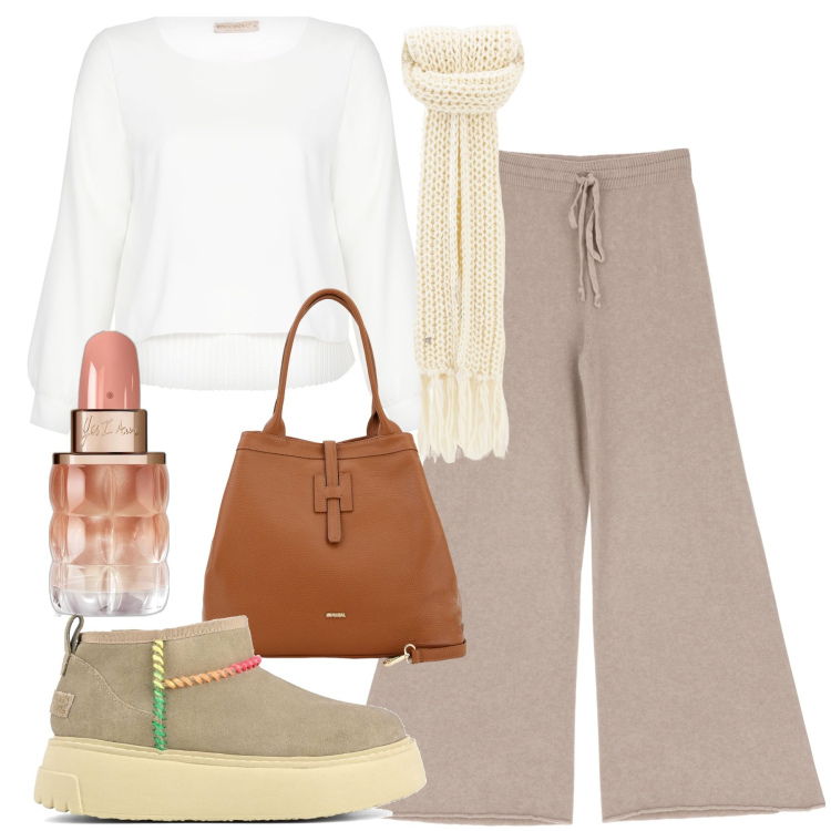 Outfit donna - Semplice, comoda bella. Stile Casual chic per Tutti i giorni. Abbinamento con profumi, bluse, pantaloni a palazzo, borse a secchiello, sciarpe, stivali sopra il ginocchio.